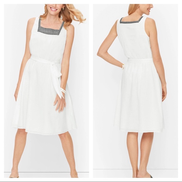 Talbots White Cotton Gauze Embroidered Square Neckline Belted Dress 14P - Picture 4 of 6